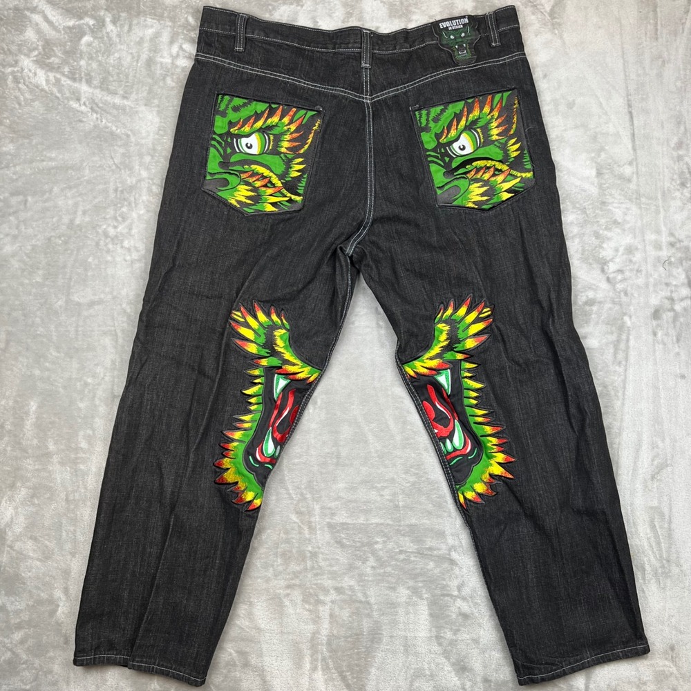 Vintage Evolution In Design Mens Black Dragon Graphic Embroidered Jeans 42x34